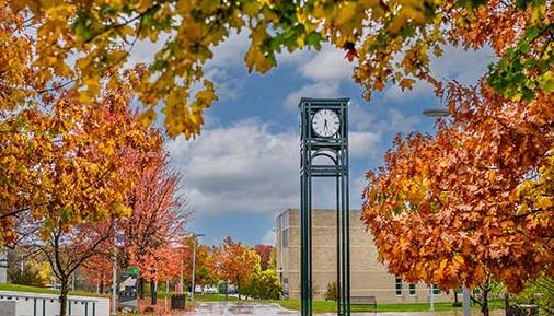 Clocktower with fall leaves